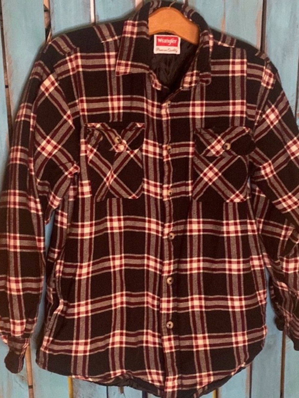 Wrangler plaid flannel shirt jacket size small red black tan quilted lining